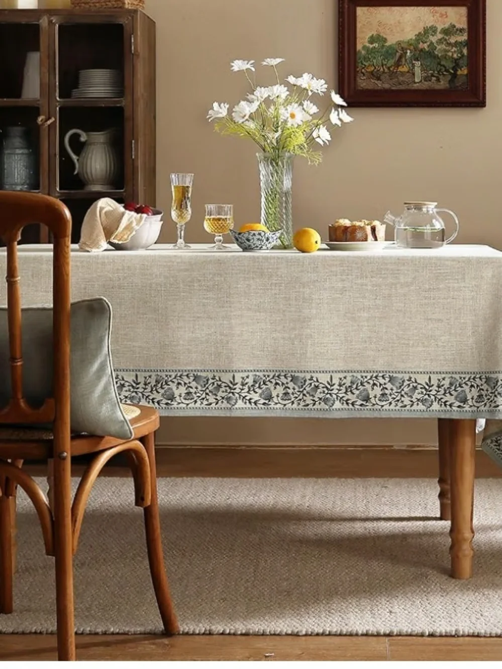 Neutral Designer Linen-Look Tablecloth with Floral Border 71 X 55